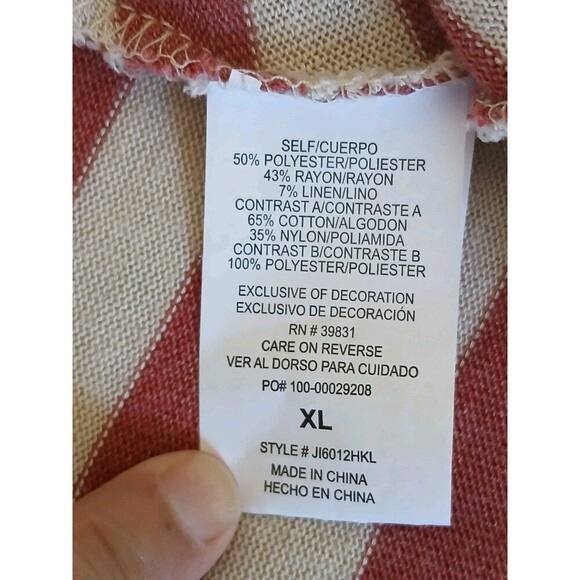 Jolt Women's Top XL Long Sleeve Beige Red Striped Lace Button Back Preppy - Picture 15 of 15